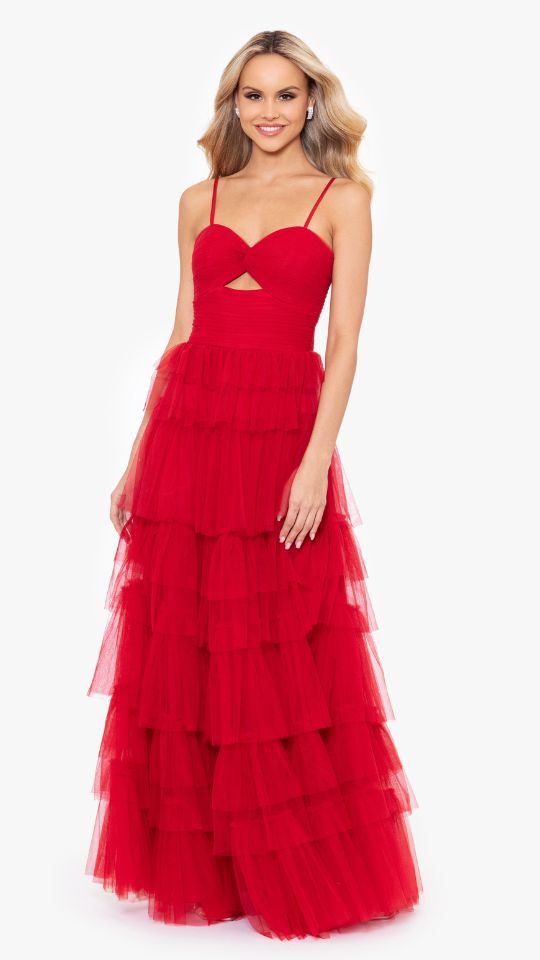 "Tyler" Long Mesh Tiered Spaghetti Strap Gown