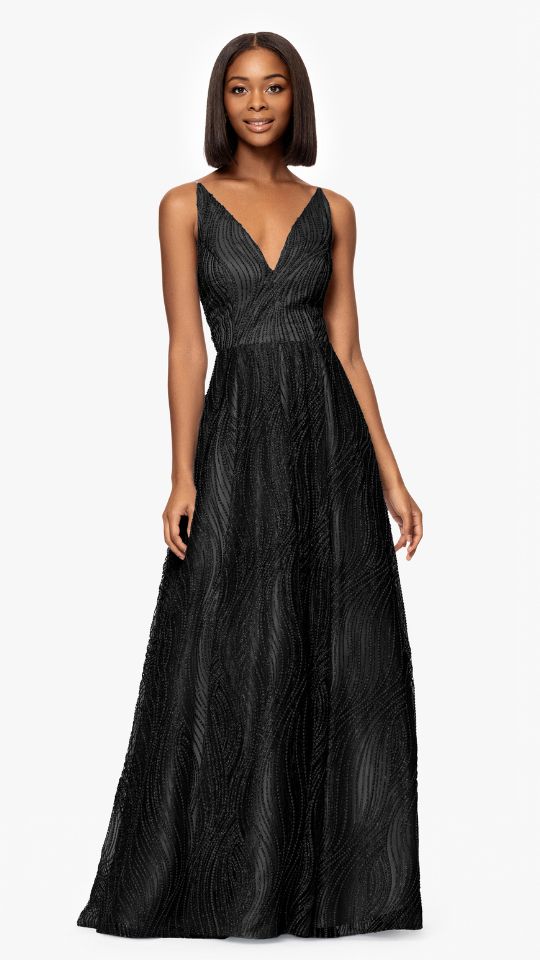 "Gianna" Glitter Mesh Tieback Floor Length Dress