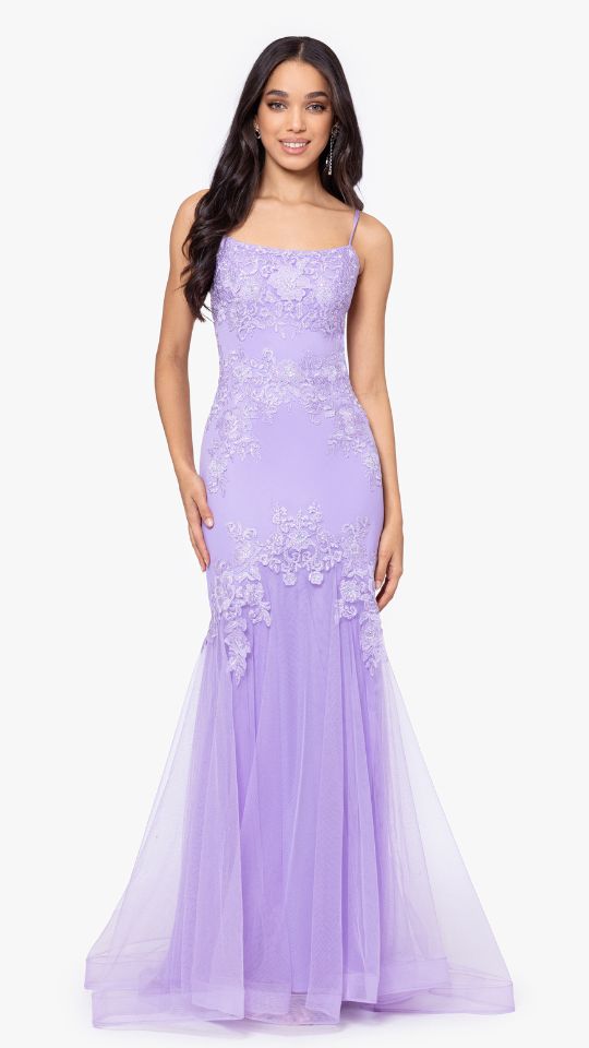 "Faith" Long Slim Spaghetti Strap Mesh Applique Dress