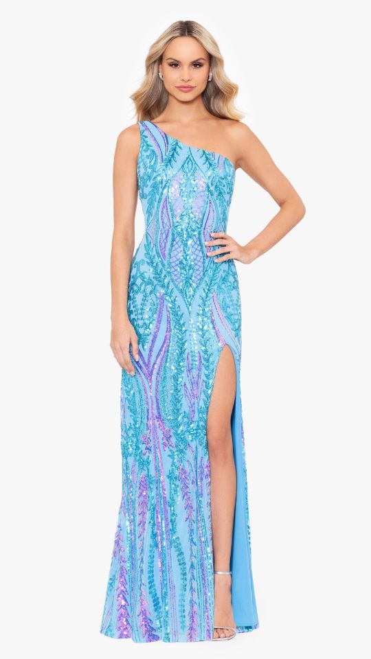 "Terri" Long Placement Sequin One Shoulder Dress