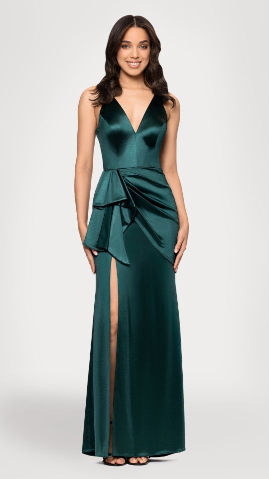 "Robin" Long Satin V-Neck Ruffle Dress