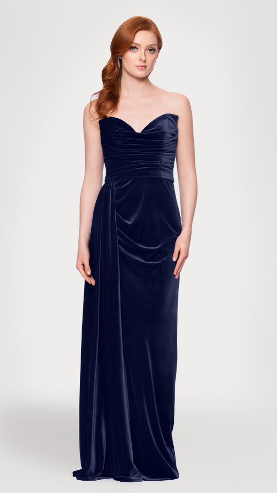 "Angela" Velvet Strapless Draped Skirt Floor Length Dress