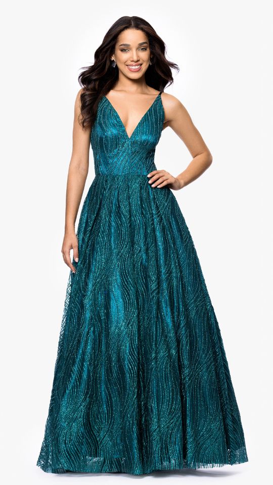 "Gianna" Glitter Mesh Tieback Floor Length Dress