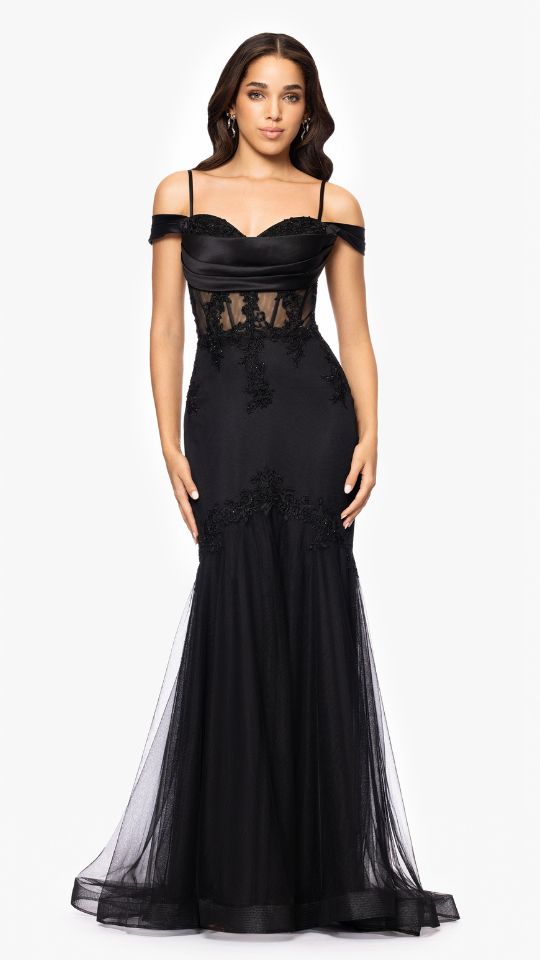 "Miranda" Mesh Off the Shoulder Applique Floor Length Dress