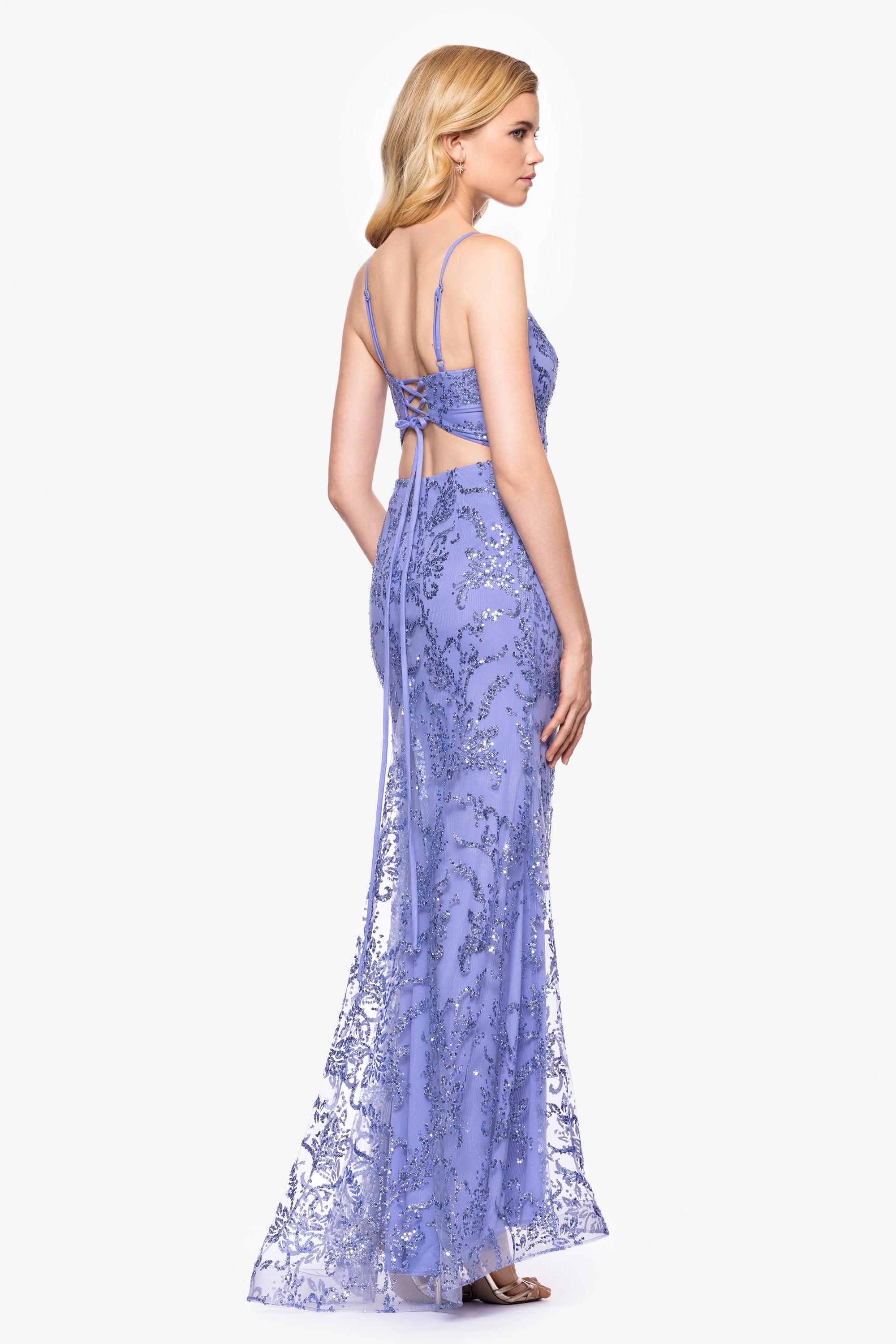 "Kayla" Glitter mesh V-Neck Tieback Dress