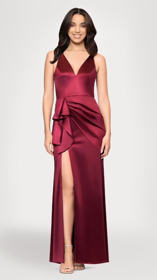 Blondie Nites "Robin" Long Satin V-Neck Ruffle Dress