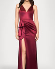 Blondie Nites "Robin" Long Satin V-Neck Ruffle Dress