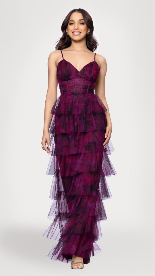 "Jonnie" Printed Mesh Ruffle Floor Length Dress