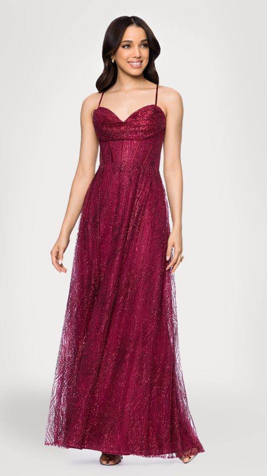 "Rory" Glitter Mesh Draped Sweetheart Neckline Floor Length Dress