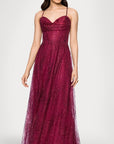 "Rory" Glitter Mesh Draped Sweetheart Neckline Floor Length Dress