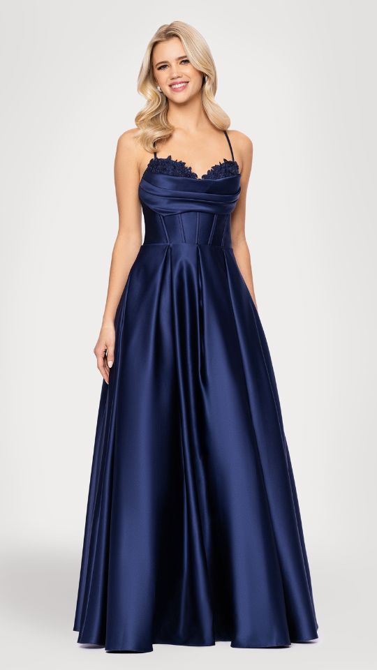 "Felicity" Satin Drape Neck Applique Floor Length Dress