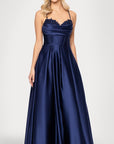 "Felicity" Satin Drape Neck Applique Floor Length Dress
