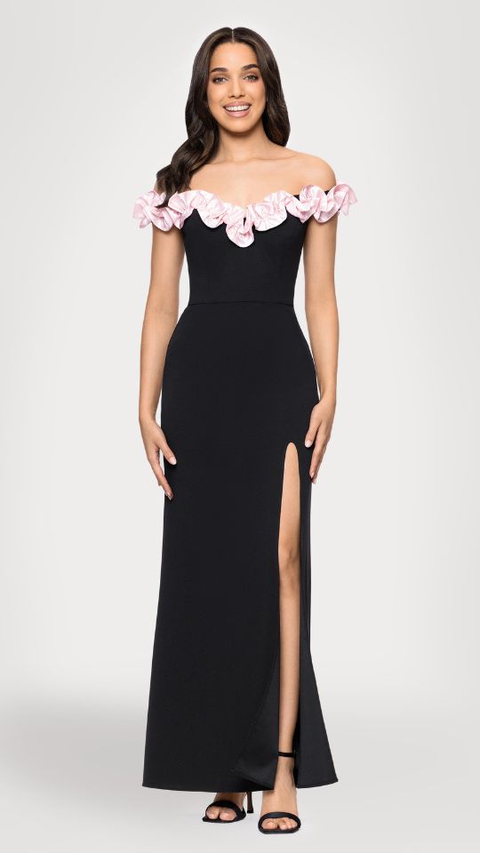 "Talia" Long Scuba Crepe Off the Shoulder Ruffle Dress