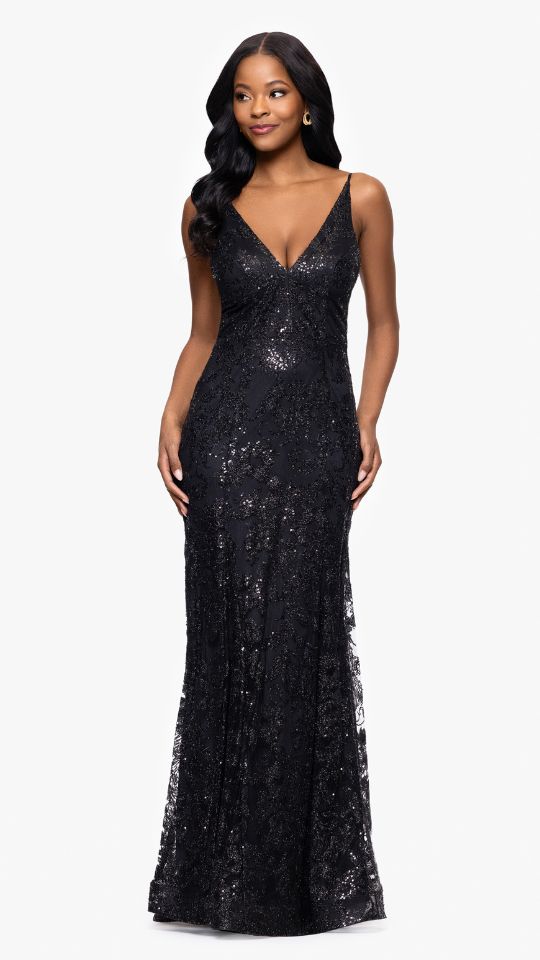 "Zoey" Glitter V-Neck Floor Length Dress