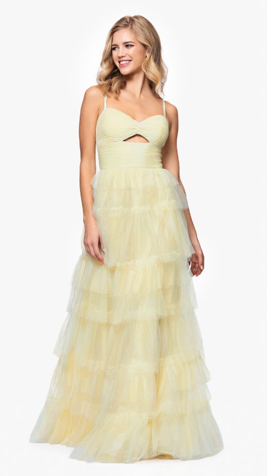 "Tyler" Long Mesh Tiered Spaghetti Strap Gown