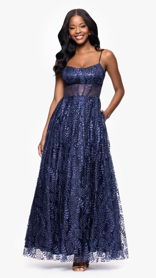 "Mona" Glitter Illusion Lace Up Floor Length Dress