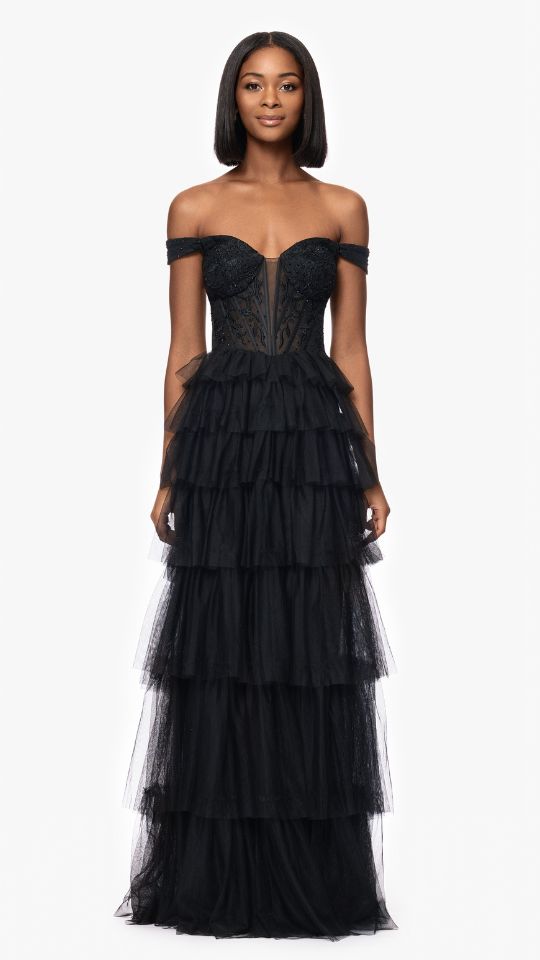 "Charlotte" Long Mesh Off the Shoulder Applique and Ruffle Skirt Dress