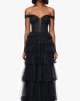 "Charlotte" Long Mesh Off the Shoulder Applique and Ruffle Skirt Dress