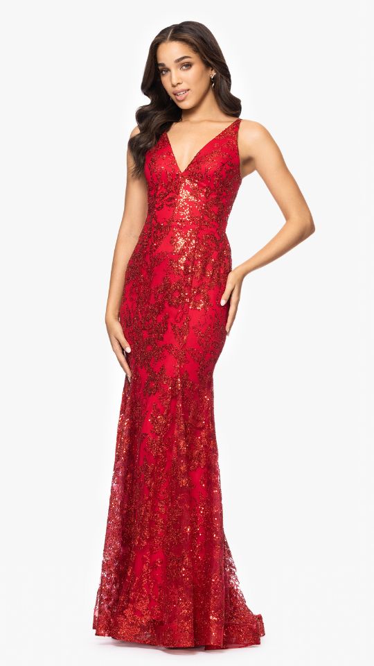 "Zoey" Glitter V-Neck Floor Length Dress