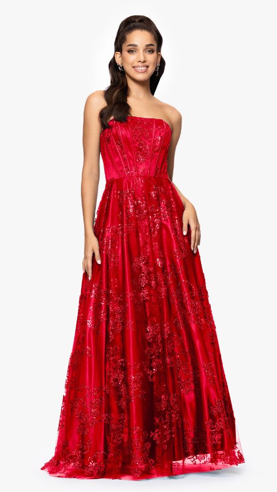"Tori" Strapless Glitter Mesh Corset Gown