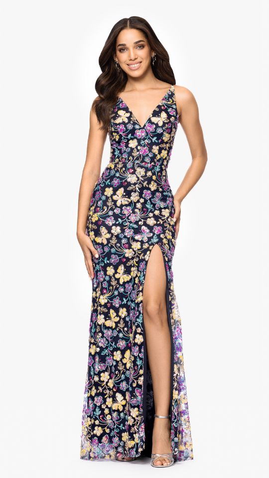 "Carmen" Sequin Pattern V-Neck Floor Length Dress