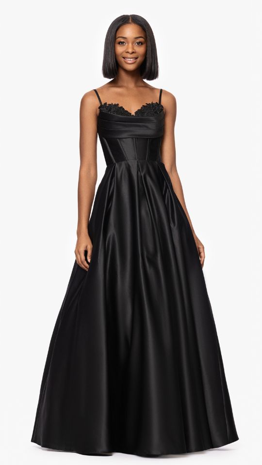 "Felicity" Satin Drape Neck Applique Floor Length Dress