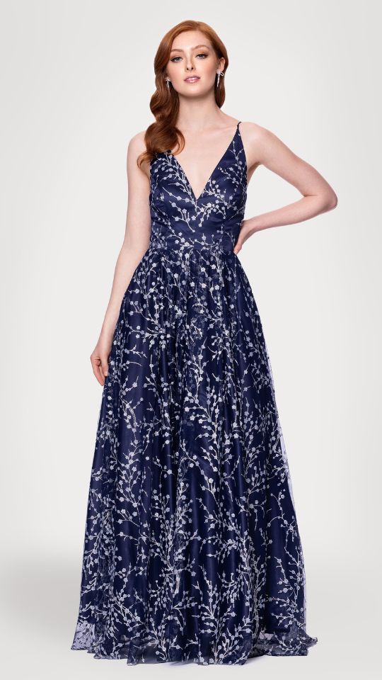 "Shayla" Caviar Glitter V-Neck Tieback Floor Length Dress