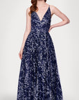 "Shayla" Caviar Glitter V-Neck Tieback Floor Length Dress