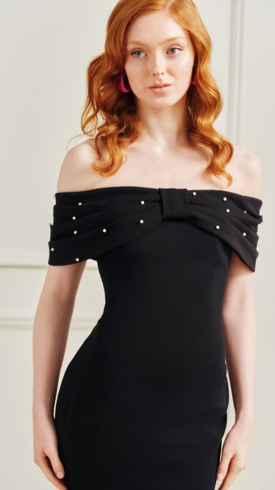 "Ivanna" Scuba Crepe Off the Shoulder Embellished Short Dress