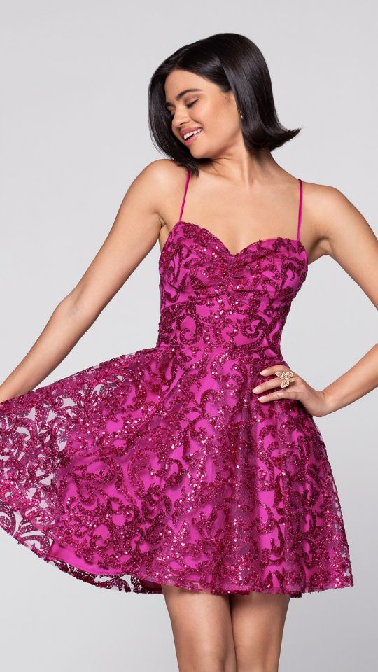 "Maddison" Glitter Mesh Sweetheart Neck Short Dress