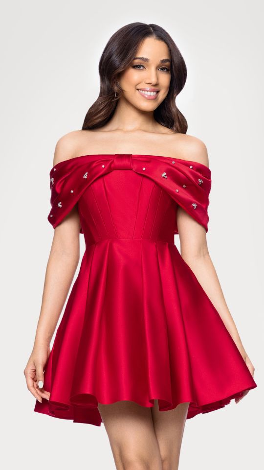"Lucy" Satin Off Shoulder Rhinestone Embellished Short Dress
