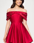 "Lucy" Satin Off Shoulder Rhinestone Embellished Short Dress