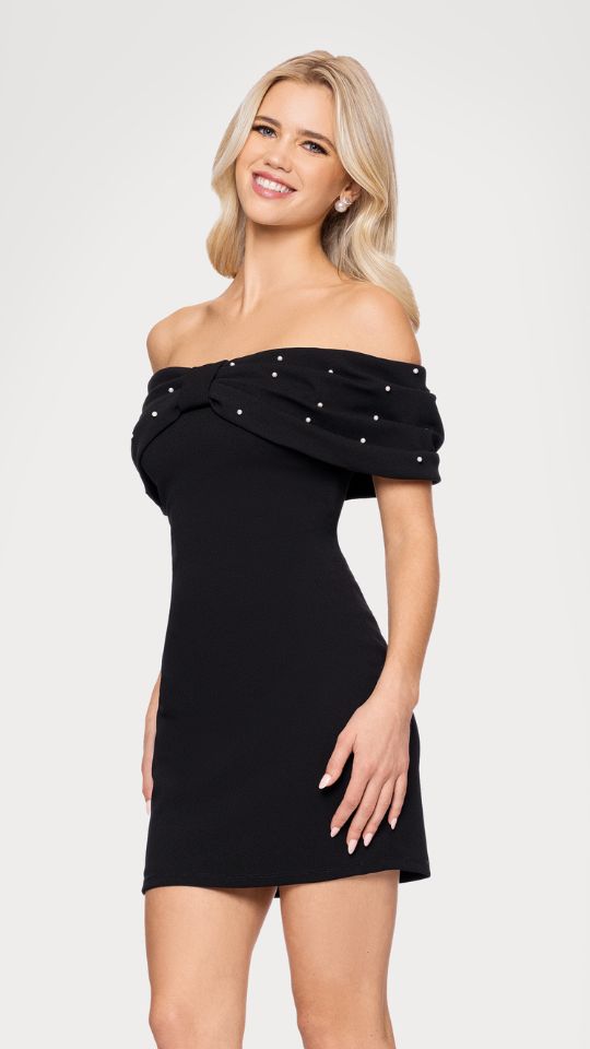 "Ivanna" Scuba Crepe Off the Shoulder Embellished Short Dress