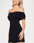 "Ivanna" Scuba Crepe Off the Shoulder Embellished Short Dress