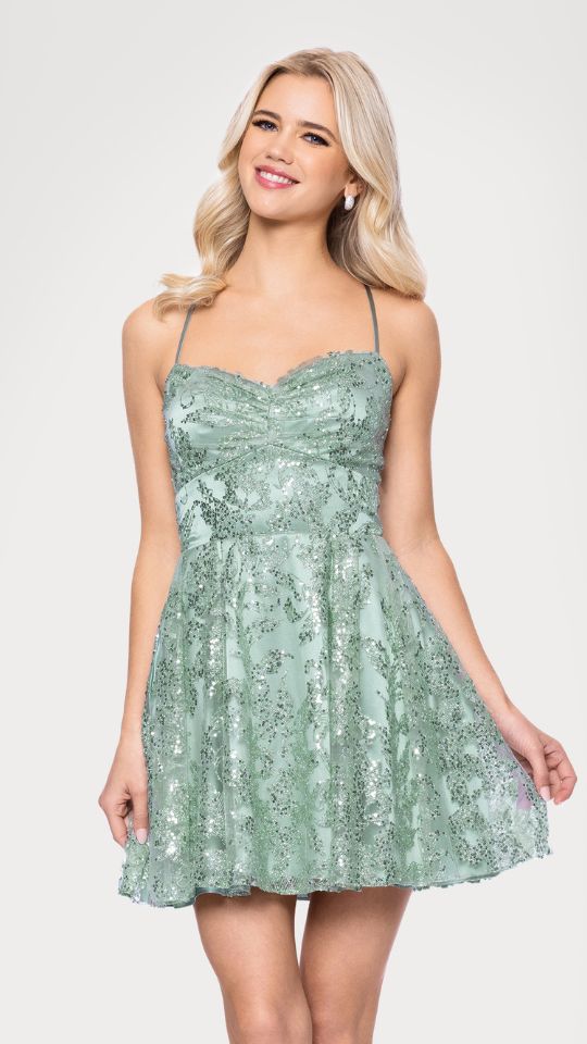 "Nelly" Glitter Mesh Tieback Spaghetti Strap Short Dress