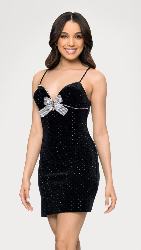 "Roxie" Studded Velvet Bow Embellished Short Dress