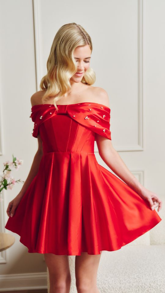 "Lucy" Satin Off Shoulder Rhinestone Embellished Short Dress