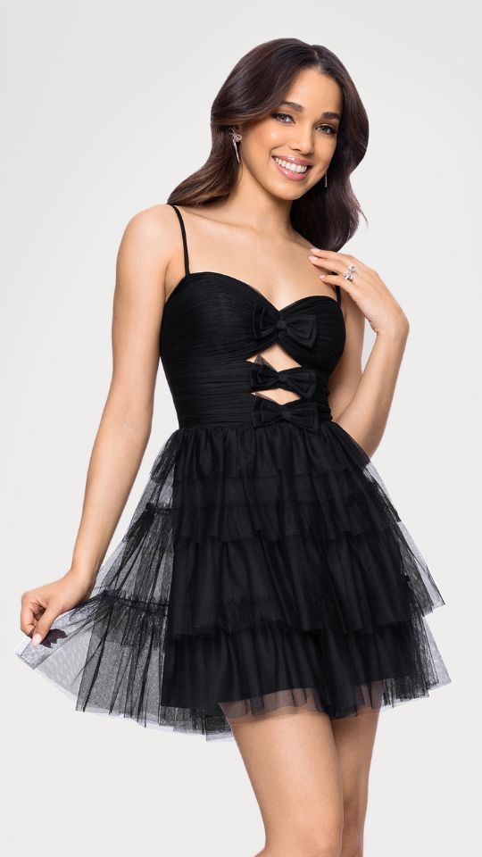 "Ollie" Mesh Tiered Cutout Bodice Sweetheart Neck Short Dress