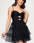 "Ollie" Mesh Tiered Cutout Bodice Sweetheart Neck Short Dress