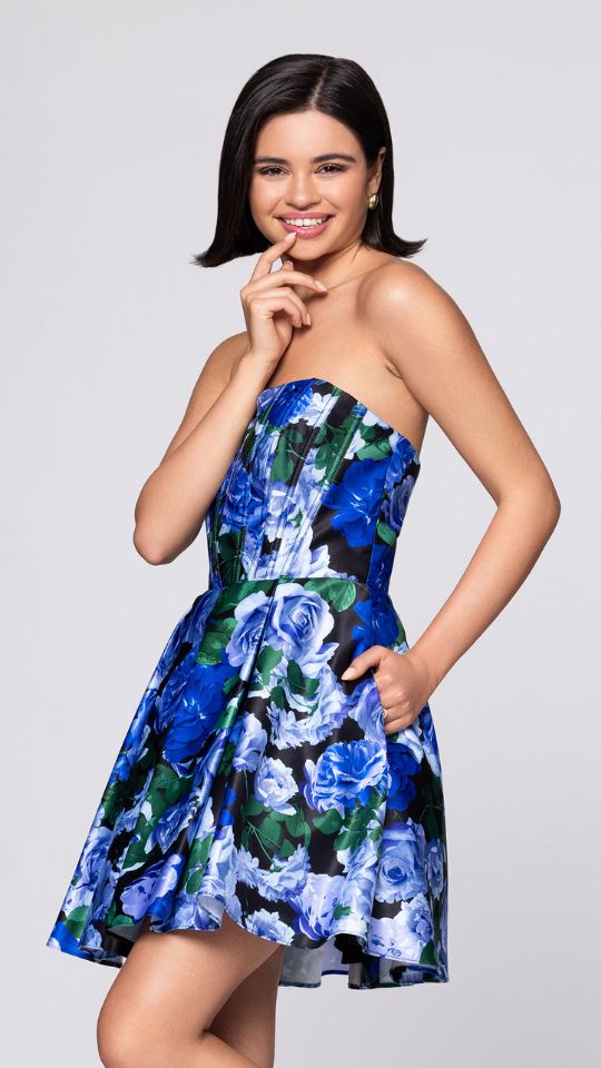 "Aliyah" Satin Strapless Floral Print Short Dress