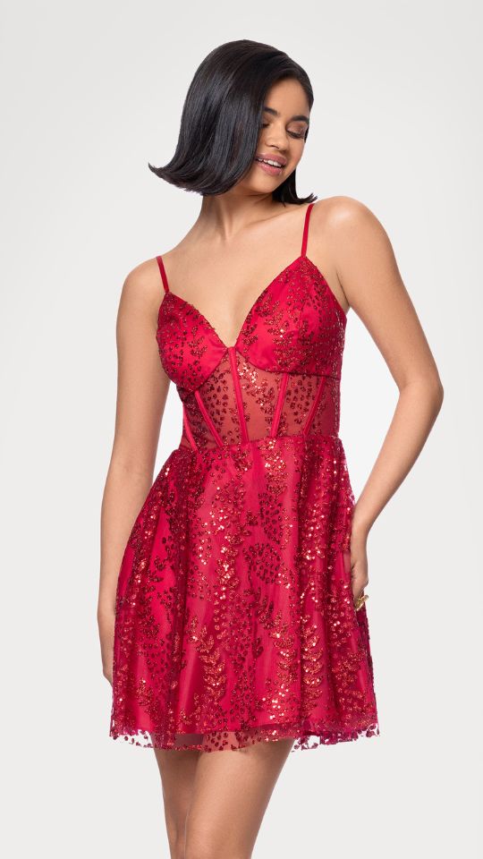 "Ava" Short Glitter Illusion Lace Up Dress