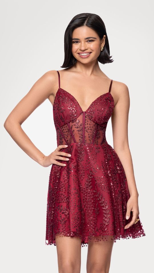 "Ava" Short Glitter Illusion Lace Up Dress