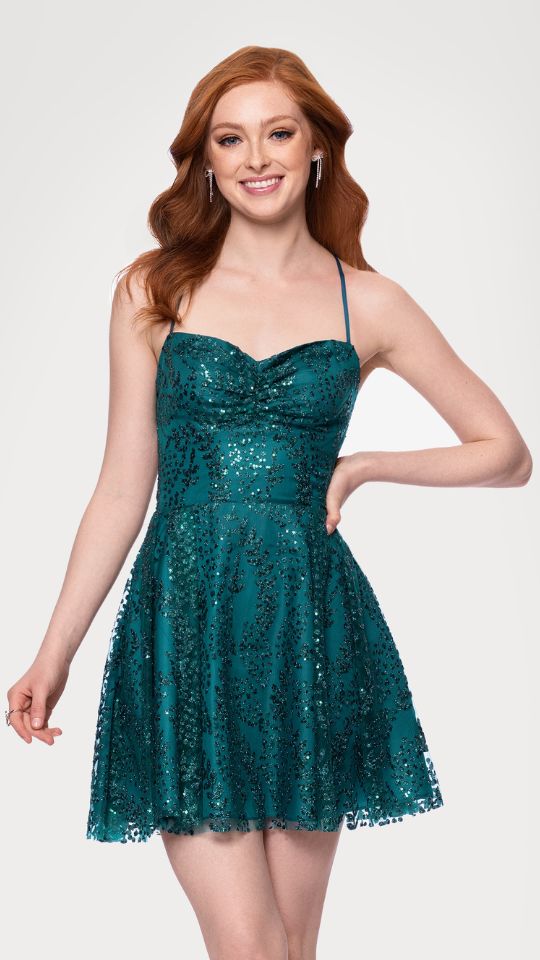 "Tiara" Short Glitter Mesh Tie Back Party Dress