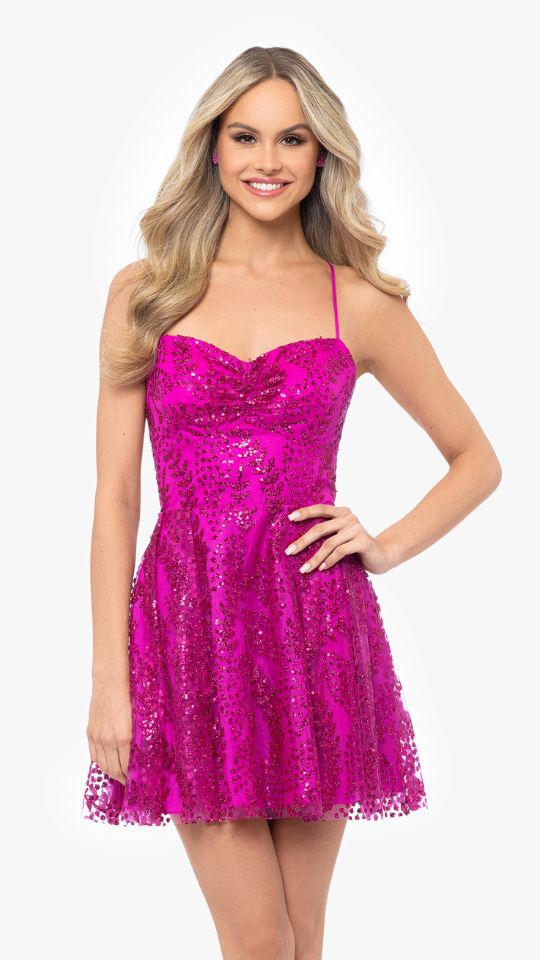 "Tiara" Short Glitter Mesh Tie Back Party Dress