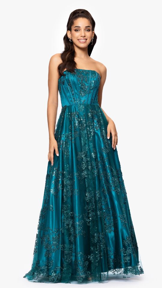 "Tori" Strapless Glitter Mesh Corset Gown