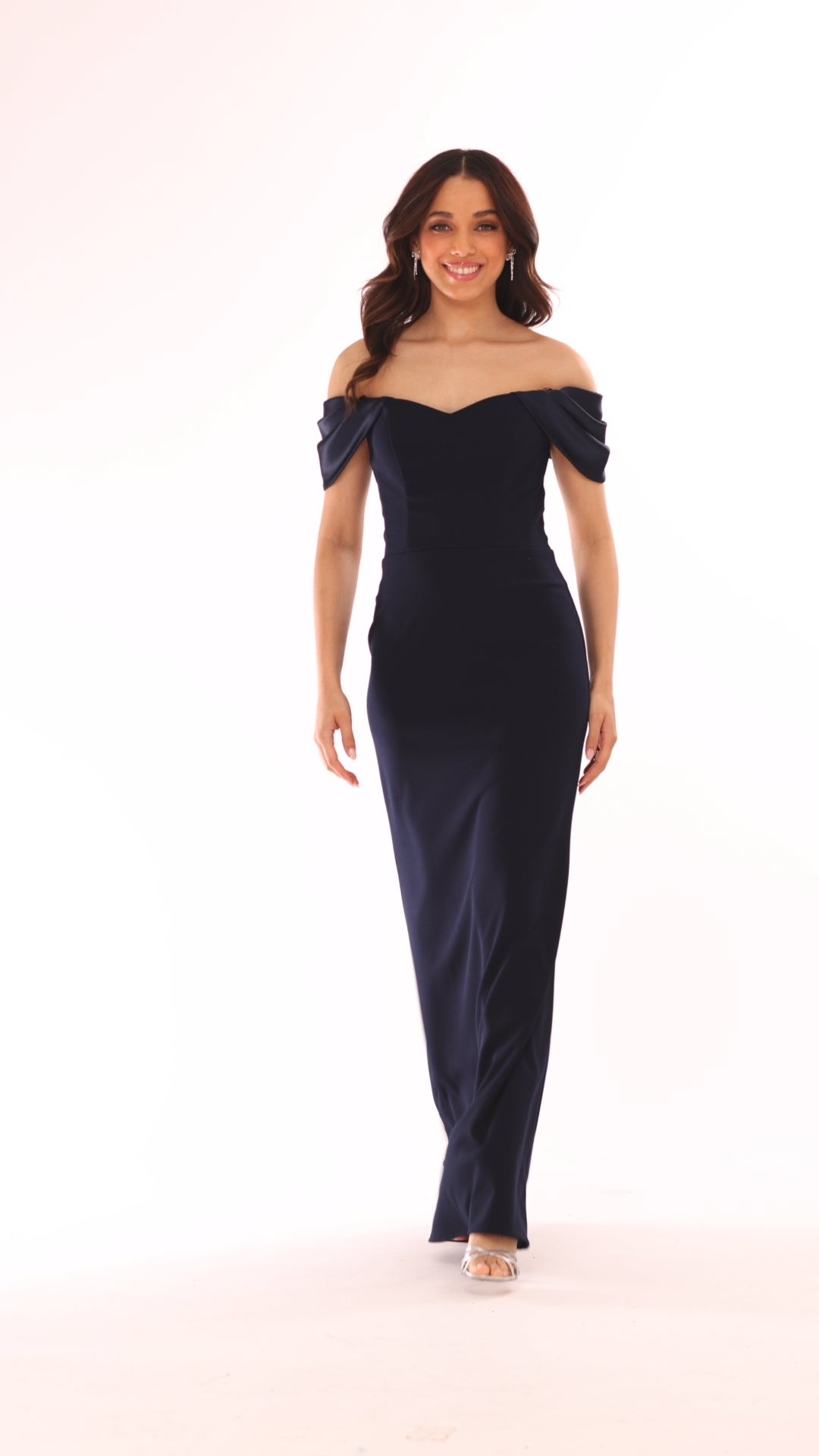 Blondie Nites "Taylor" Scuba Crepe Off the Shoulder Satin Sleeves Floor Length Dress