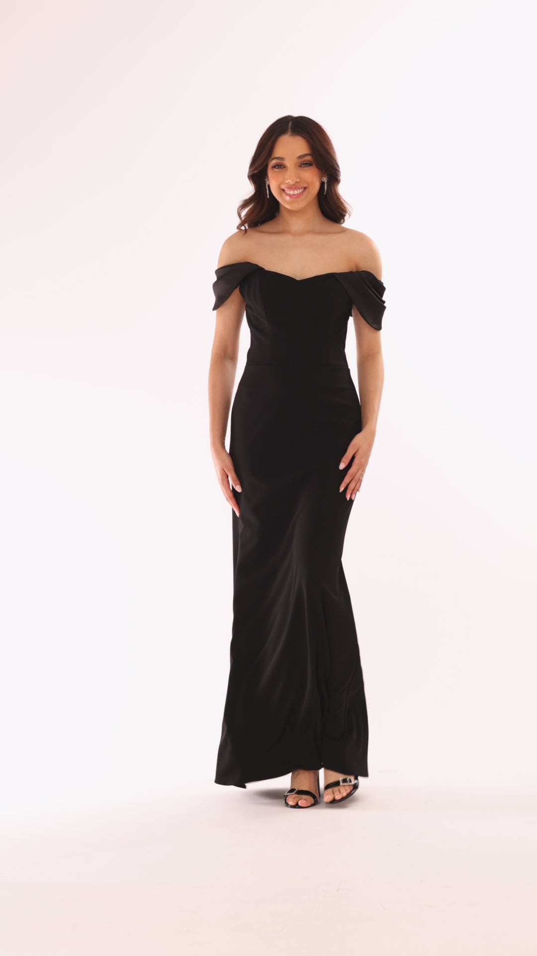 Blondie Nites "Taylor" Scuba Crepe Off the Shoulder Satin Sleeves Floor Length Dress