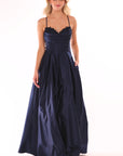 "Felicity" Satin Drape Neck Applique Floor Length Dress