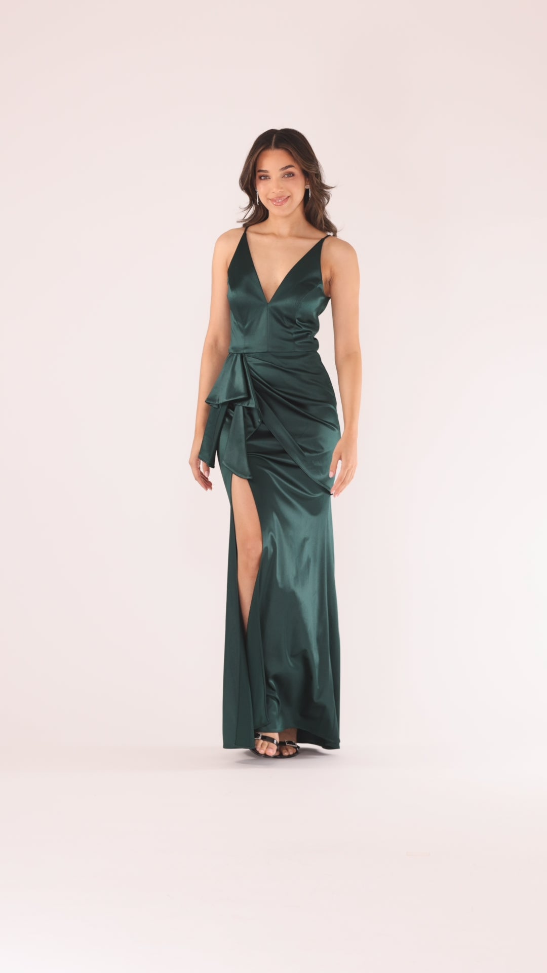 Blondie Nites "Robin" Long Satin V-Neck Ruffle Dress