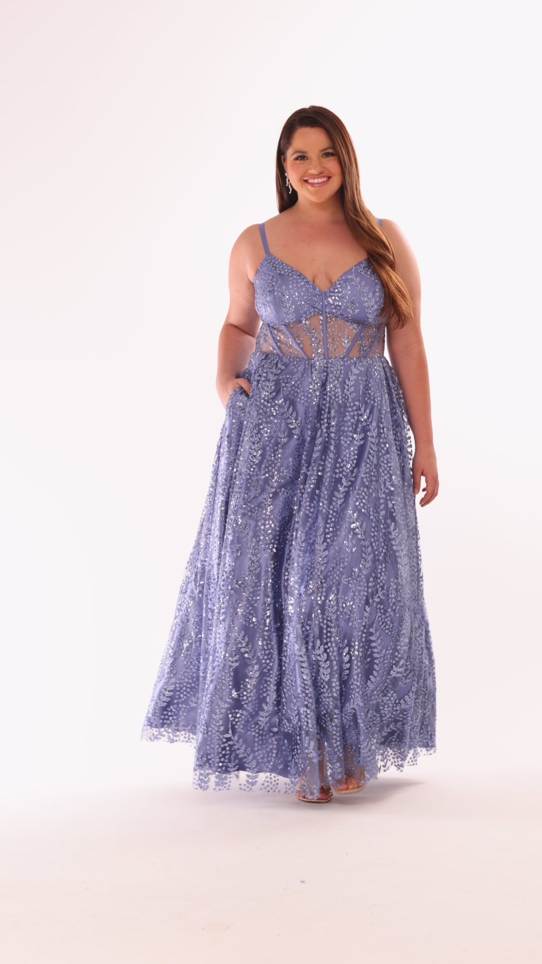 Blondie Nites Plus "Lizzy" Glitter Mesh Corset Floor Length Dress